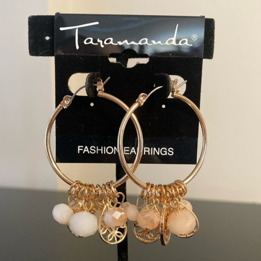 Taramanda Gold and Cream Dangle Hoop Earrings